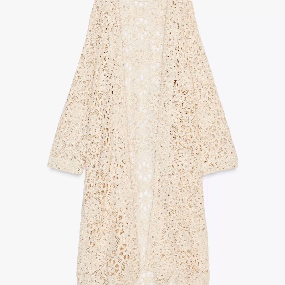 Crochet Lace Long Kimono Robe – Cream